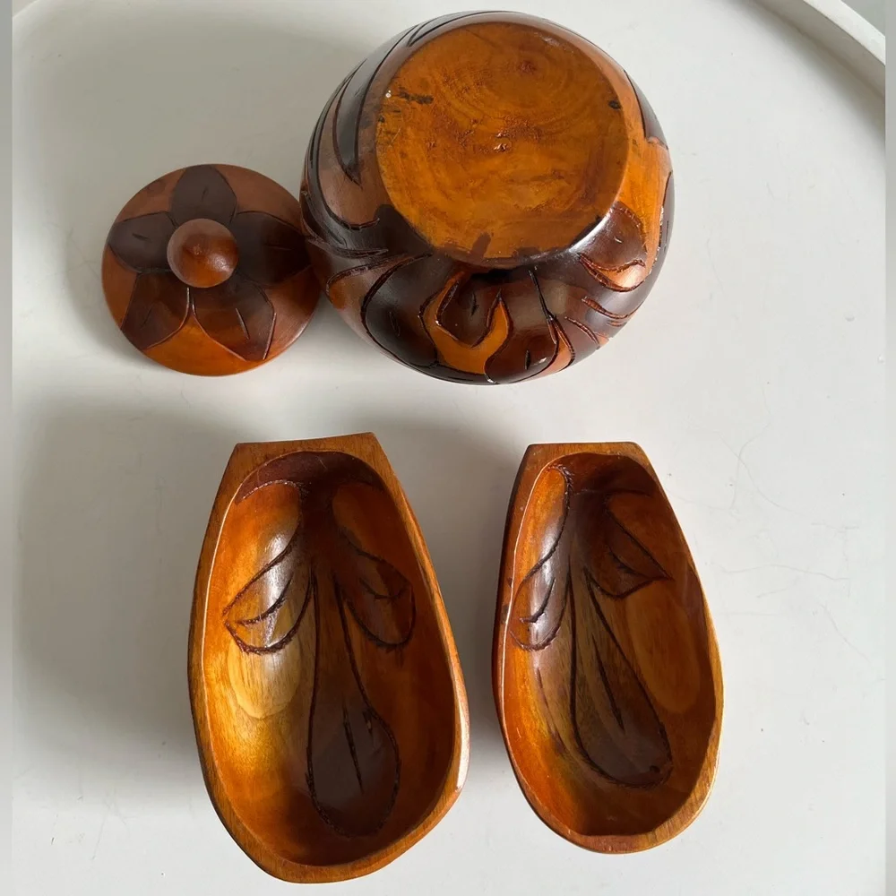 Handcrafted Wooden Lidded Round Bowl And Two Smaller Bowls Art Set Brown Vintage